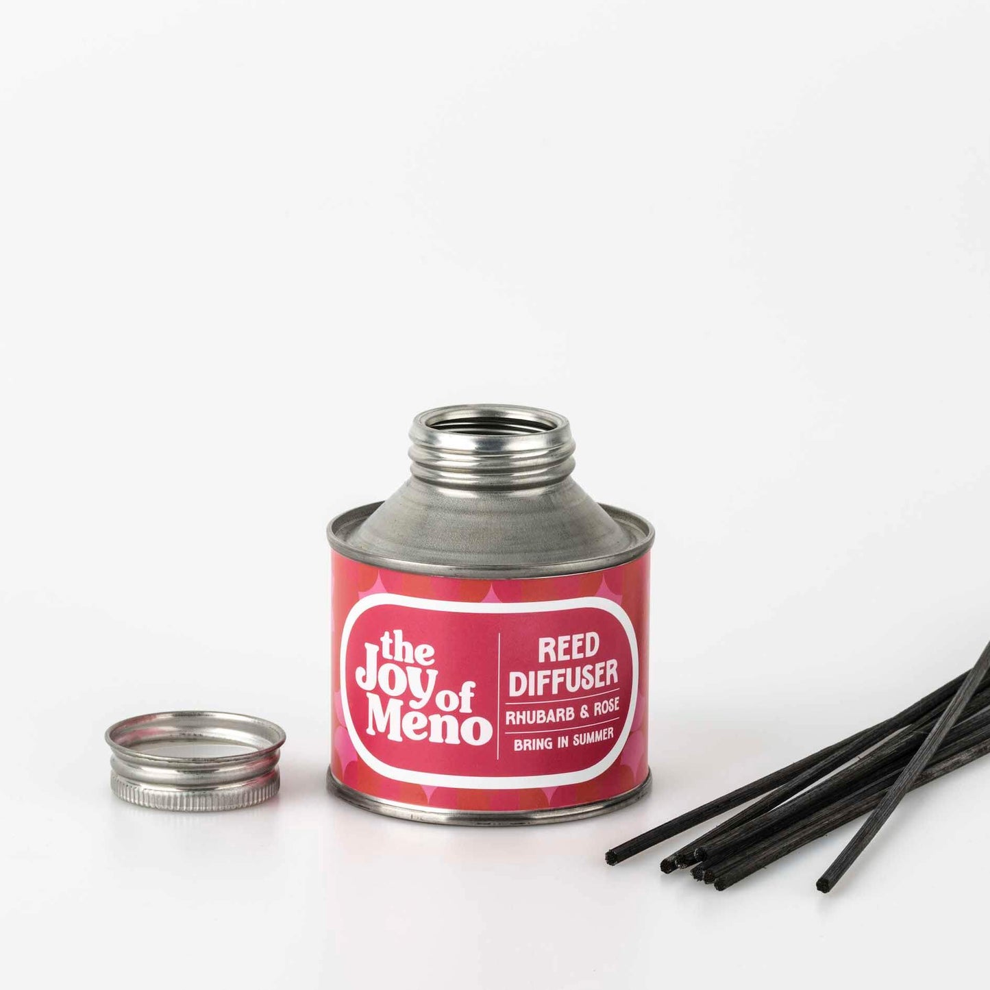 Reed Diffuser Rhubarb & Rose in a tin with natural reeds